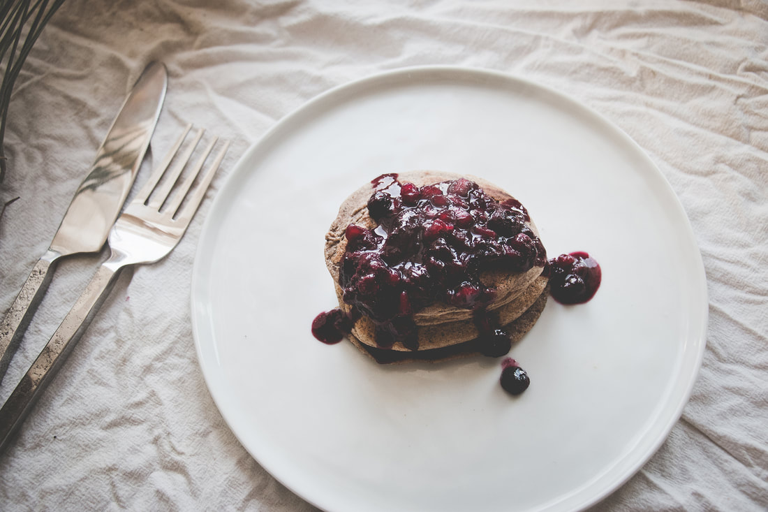 Dirty-Chai Pancakes with Blueberry-Pomegranate Compote 