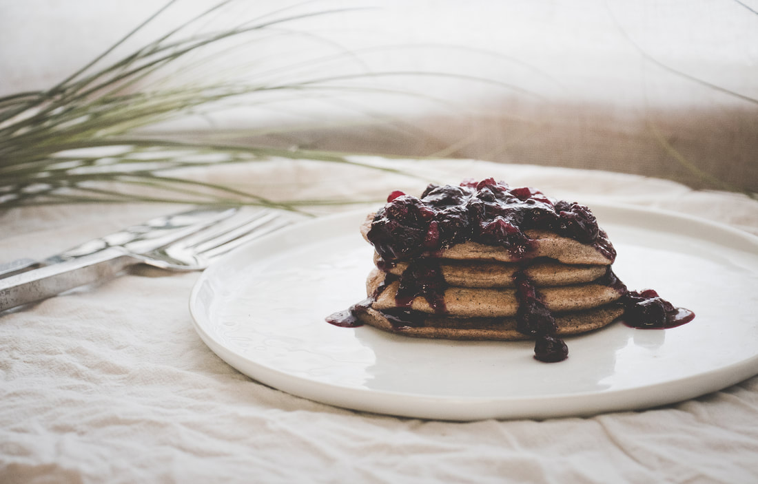 The Local Sprout Dirty-Chai Pancakes with Blueberry-Pomegranate Compote 
