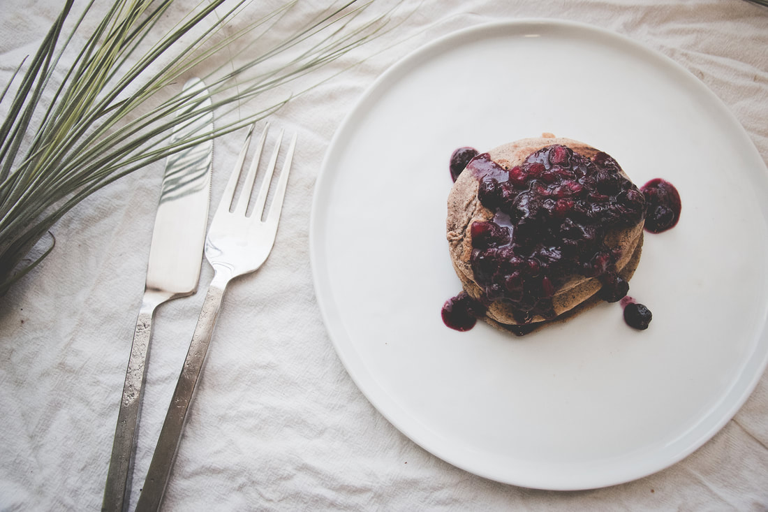 The Local Sprout Dirty-Chai Pancakes with Blueberry-Pomegranate Compote Recipe